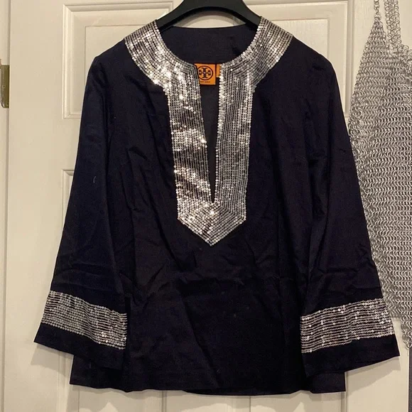 TORY BURCH - top: l/s navy 3/4 slv w silver sequin accents on neck & cuffs - 10 - Picture 2 of 16